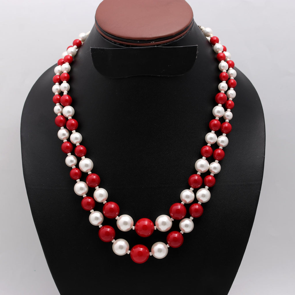 Pearl Beige-Red Round Smooth Natural Beads Necklace 20 Inches Strands