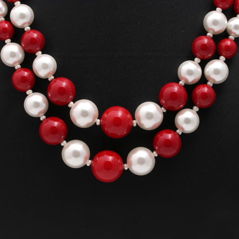 Pearl Beige-Red Round Smooth Natural Beads Necklace 20 Inches Strands