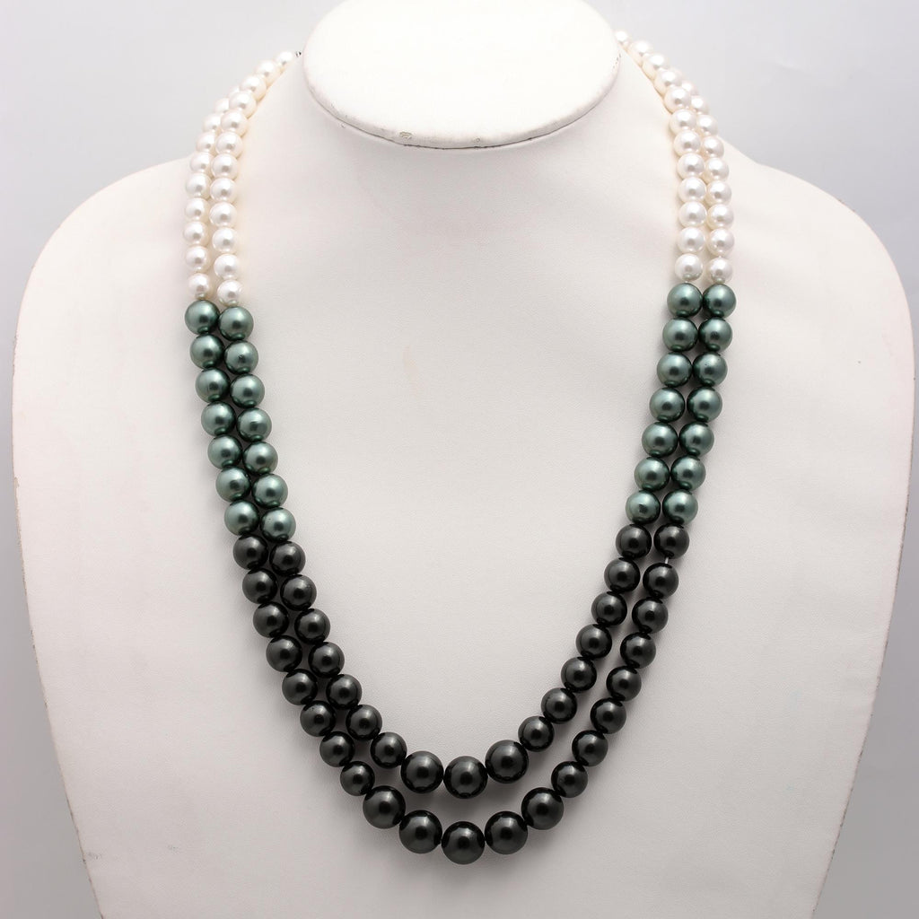 Pearl Black-Green-White Round Smooth Natural Beads Necklace 20 Inches