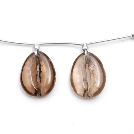 Smoky Quartz Brown Cowrie Shell Carving Natural Pair Beads