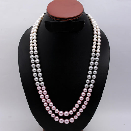 Pearl Pink - Grey Round Smooth Natural Beads Necklace 20 Inches Strands