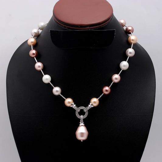 Pearl White Pink Round Smooth Natural Beads Necklace 20 Inches