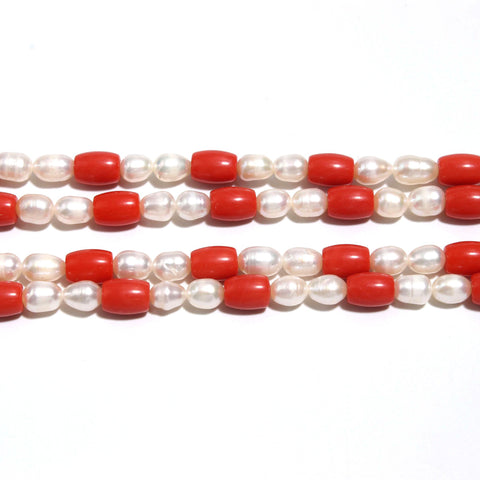 Pearl and Coral Red Rice Smooth Natural Beads 20 Inches Strands