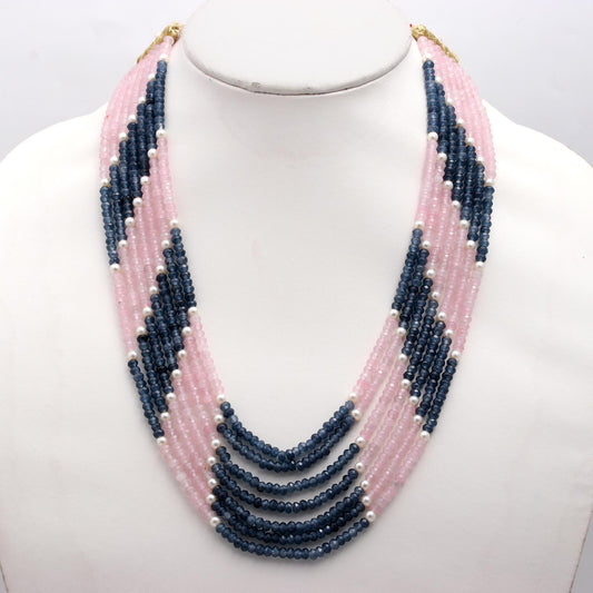 Jade Blue Pink Shaded Rondelle Faceted Natural Beads Necklace 24 Inches Strands