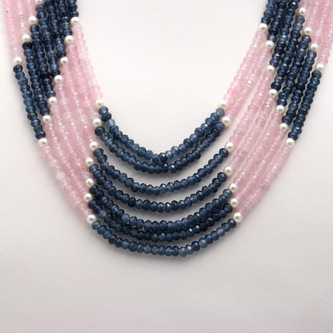 Jade Blue Pink Shaded Rondelle Faceted Natural Beads Necklace 24 Inches Strands