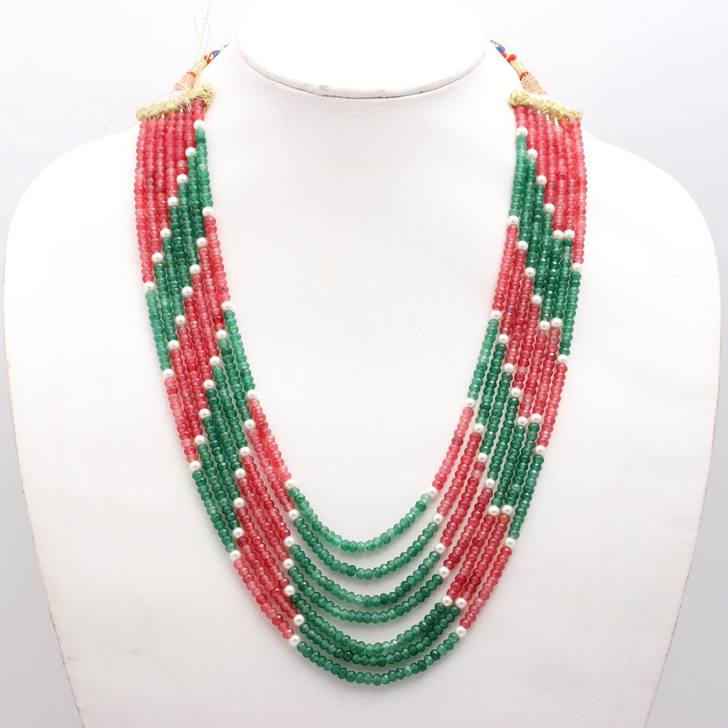 Jade Green Pink Shaded Rondell Faceted Natural Beads Necklace 24 Inches Strands