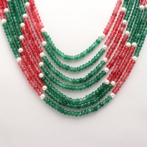 Jade Green Pink Shaded Rondell Faceted Natural Beads Necklace 24 Inches Strands