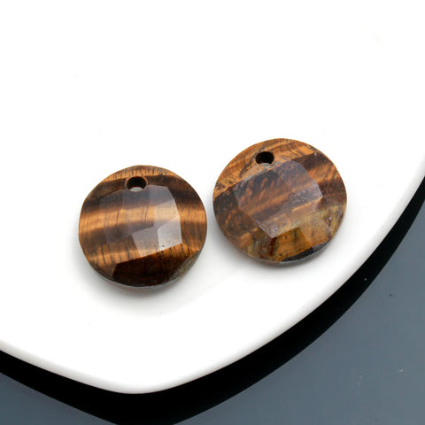 Tiger Eye Brown Coin Faceted Natural 18 mm Stone Pair Of 2