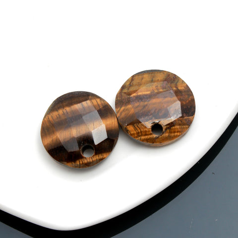 Tiger Eye Brown Coin Faceted Natural 18 mm Stone Pair Of 2