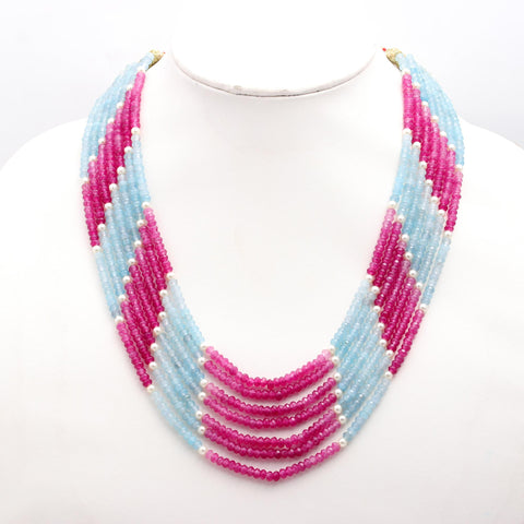 Jade Pink Blue Shaded Rondelle Faceted Natural Beads Necklace 24 inches Strands