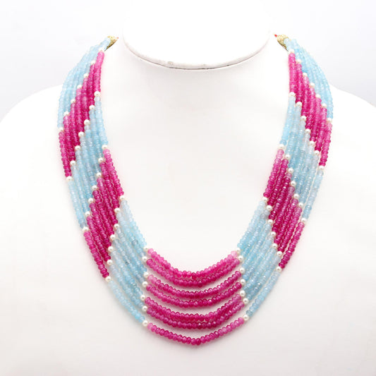 Jade Pink Blue Shaded Rondelle Faceted Natural Beads Necklace 24 inches Strands