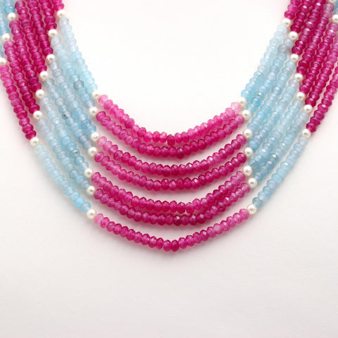 Jade Pink Blue Shaded Rondelle Faceted Natural Beads Necklace 24 inches Strands