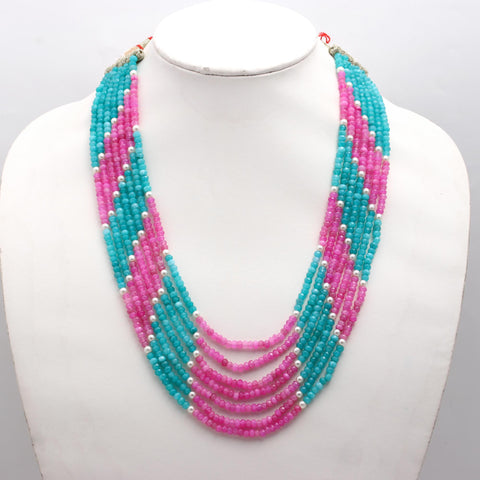 Jade Pink Blue Shaded Rondelle Faceted Natural Beads Necklace 24 Inches Strands