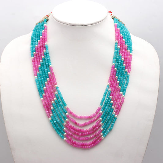 Jade Pink Blue Shaded Rondelle Faceted Natural Beads Necklace 24 Inches Strands