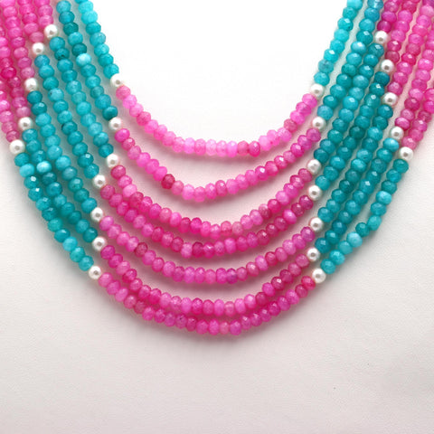 Jade Pink Blue Shaded Rondelle Faceted Natural Beads Necklace 24 Inches Strands