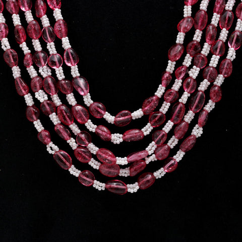 Pink Tourmaline with Pearl Oval Smooth Natural Beads Necklace 24 Inches Strands