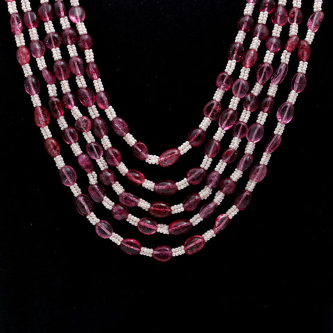 Tourmaline Pink with Pearl Oval Smooth Natural Beads Necklace 24 Inches Strands