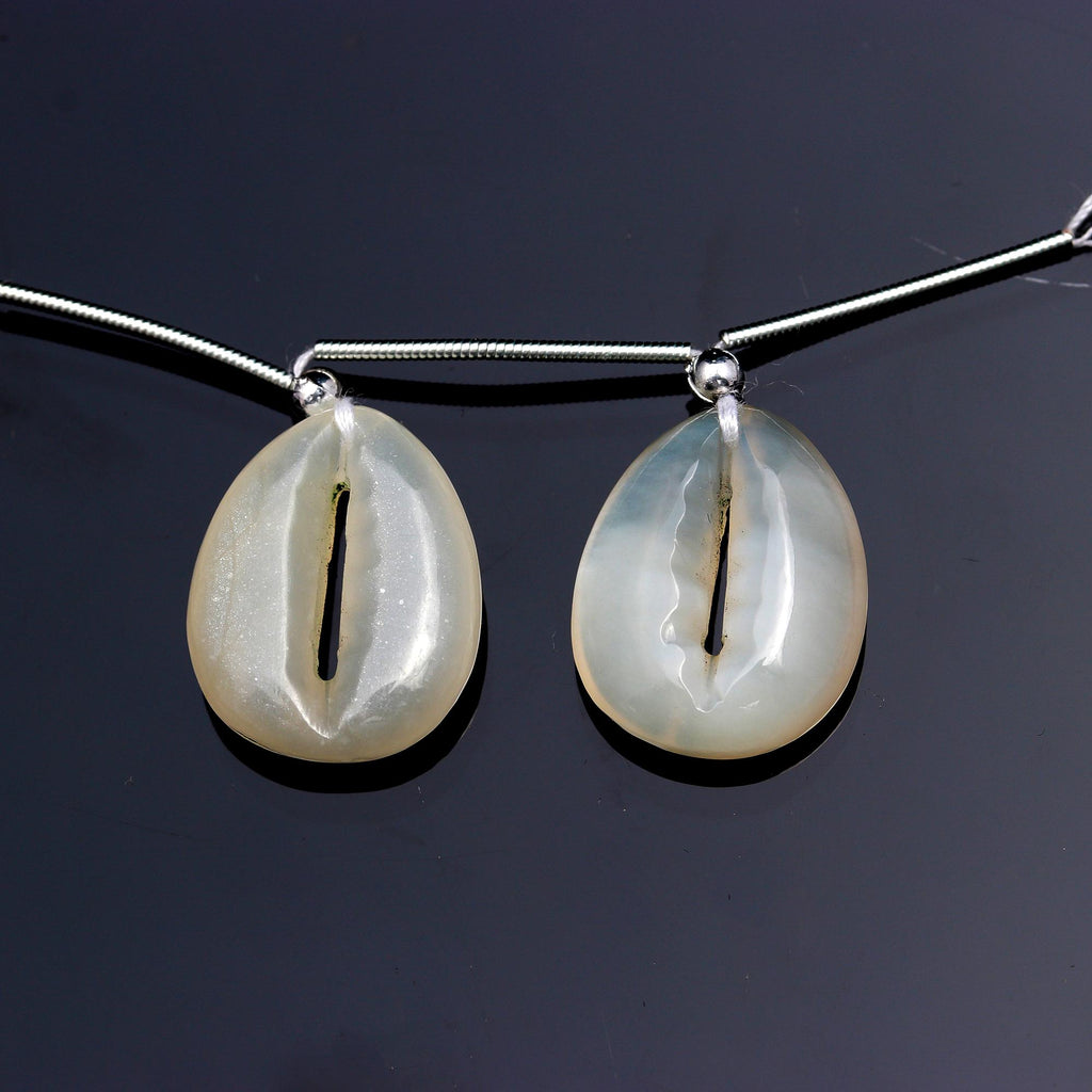 White Moonstone Cowrie Shell Carving Natural Pair Beads