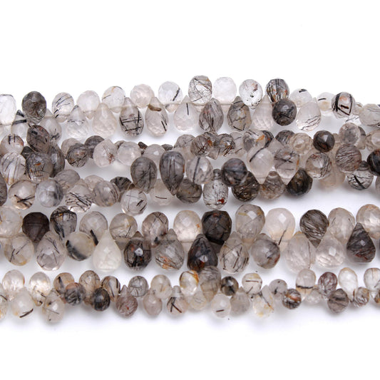 Black Rutilated Quartz Drop Faceted Natural Beads 8 Inches Strands