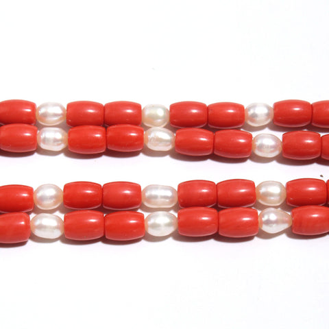 Pearl and Coral Red Rice Smooth Natural Beads 20 Inches Strands