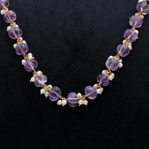 Purple Amethyst with Pearl Smooth Carving Watermelon Beads Necklace 20 Inches Starnds