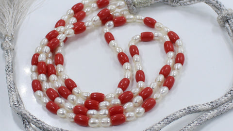 Pearl and Coral Red Rice Smooth Natural Beads 20 Inches Strands