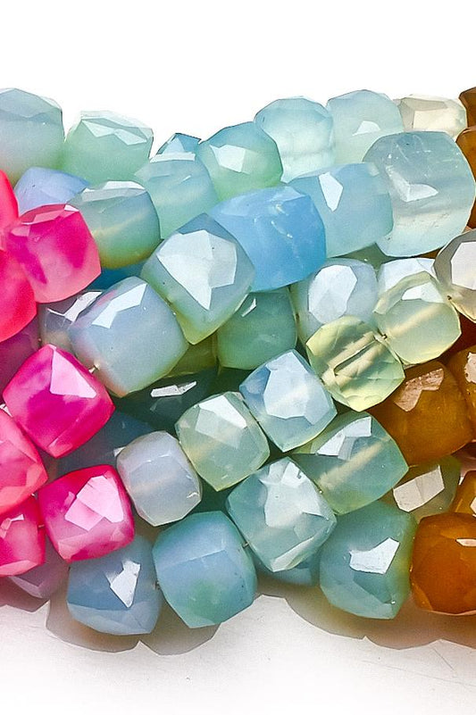 Chalcedony Multi Color Cube Faceted Heat Treated Beads