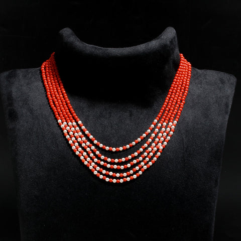 Coral and Pearl Round Smooth Natural Beads Necklace 24 Inches Strands