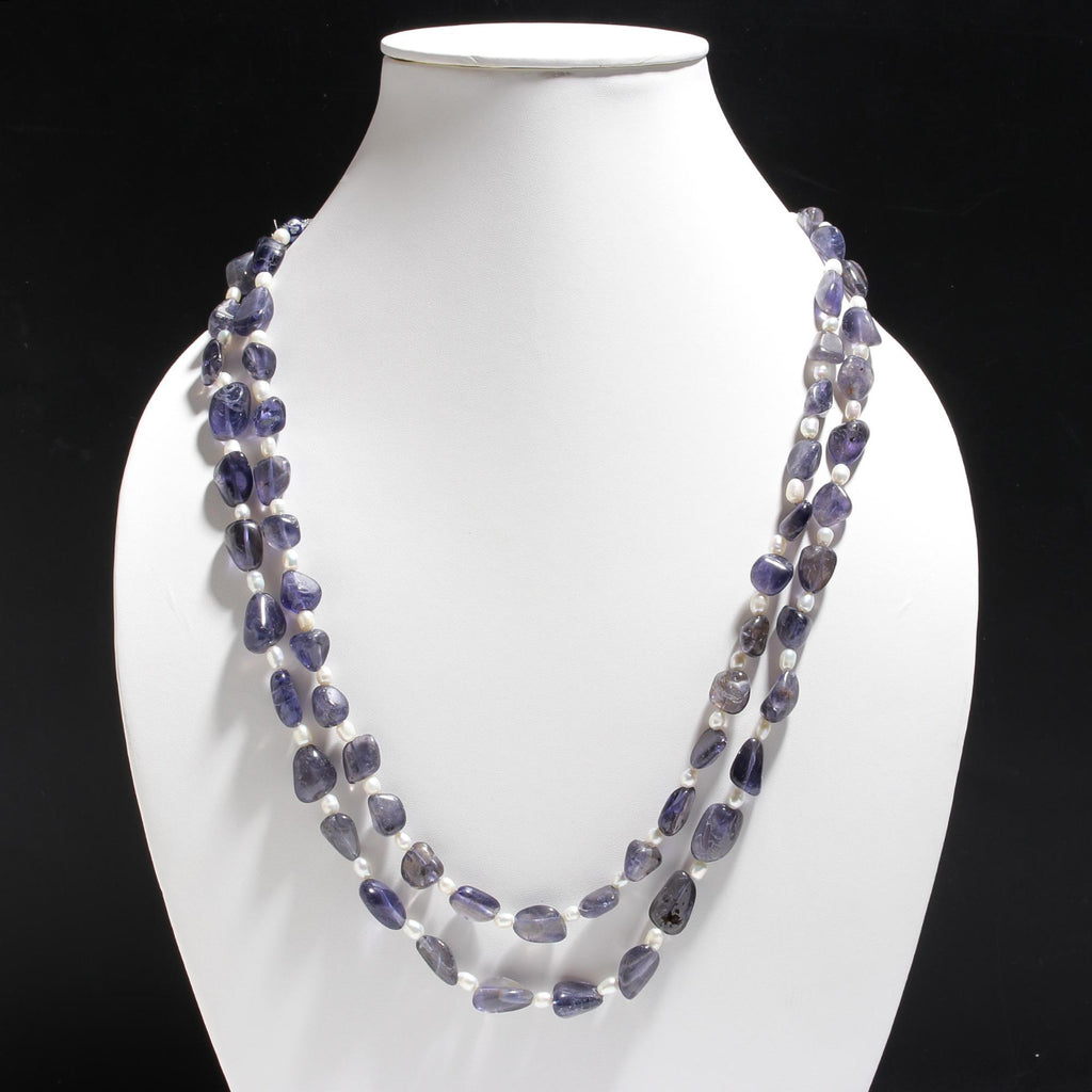 Iolite Blue Pearl Raw Smooth Natural Beads Necklace 24 Inches Strands