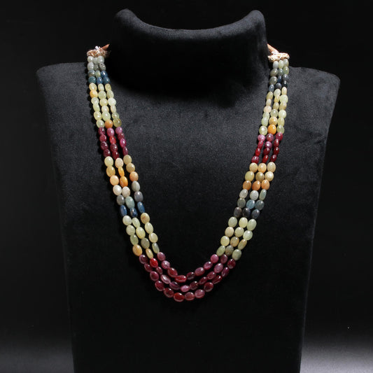 Multi Sapphire Oval Smooth Natural Beads Necklace 24 inches Stands