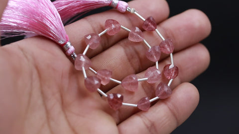 Pink Strawberry Quartz Pink Trillion Faceted Natural Beads 8 inches strands