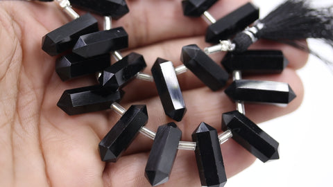 Onyx Black Double Pencil Faceted Natural Beads 8 Inches Strands