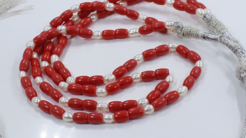 Pearl and Coral Red Rice Smooth Natural Beads 20 Inches Strands